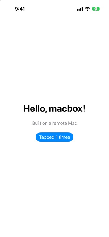 The sample app in the iOS Simulator after MobileBuildMCP tapped the button, driven from Ubuntu through macbox