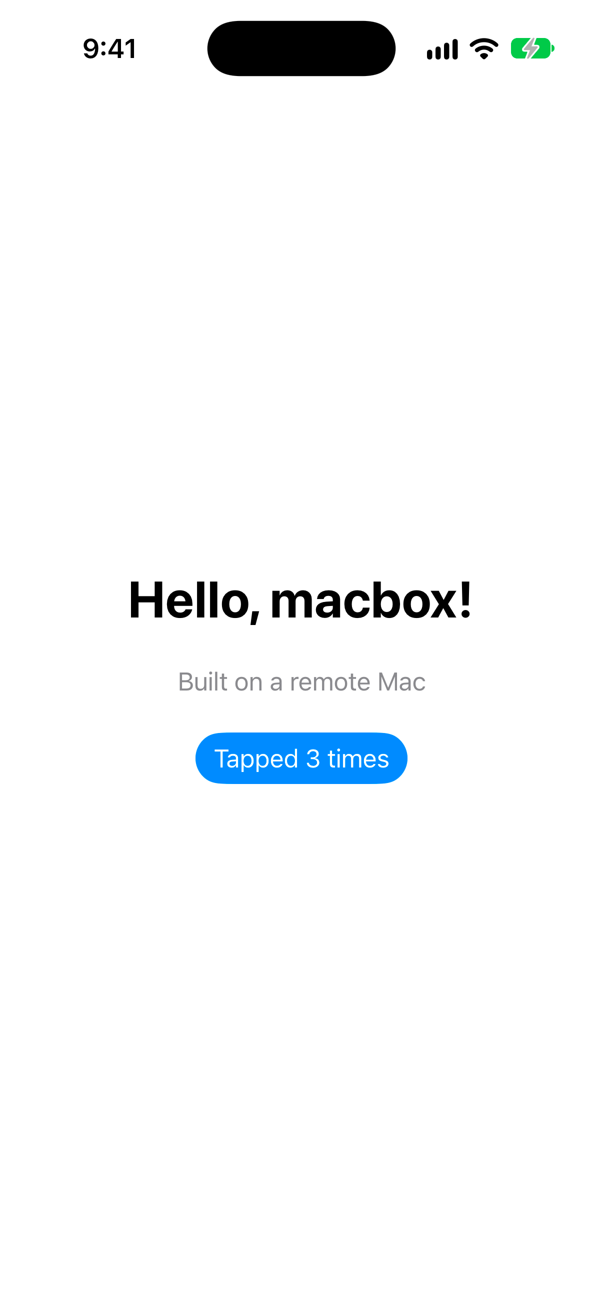 The Hello sample app in the iOS Simulator after Claude Code tapped the button three times through macbox from Linux